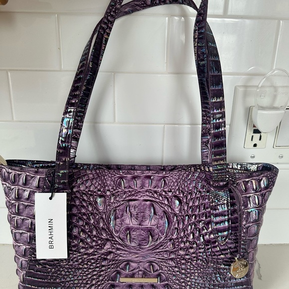 Brahmin Tonya Iridescent Passion Purple Croc-Embossed Leather Tote - Picture 6 of 6